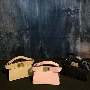 Elegant Women's Mini Handbag Set - Black, Pink, and Tan with 19” shoulder strap.